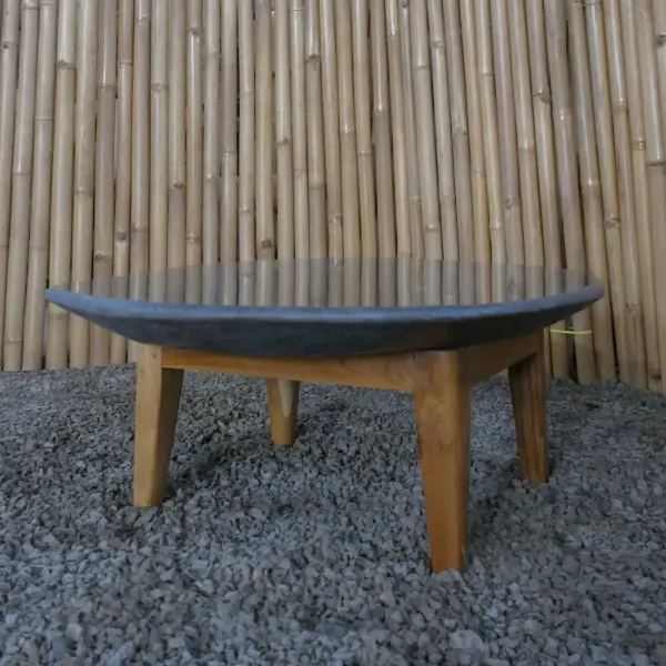 Product image 7 of the product “Unique round flat Table, made from Riverstone slate with teak feet, approx dia. 80cm, 30cm height and 6cm thickness ”